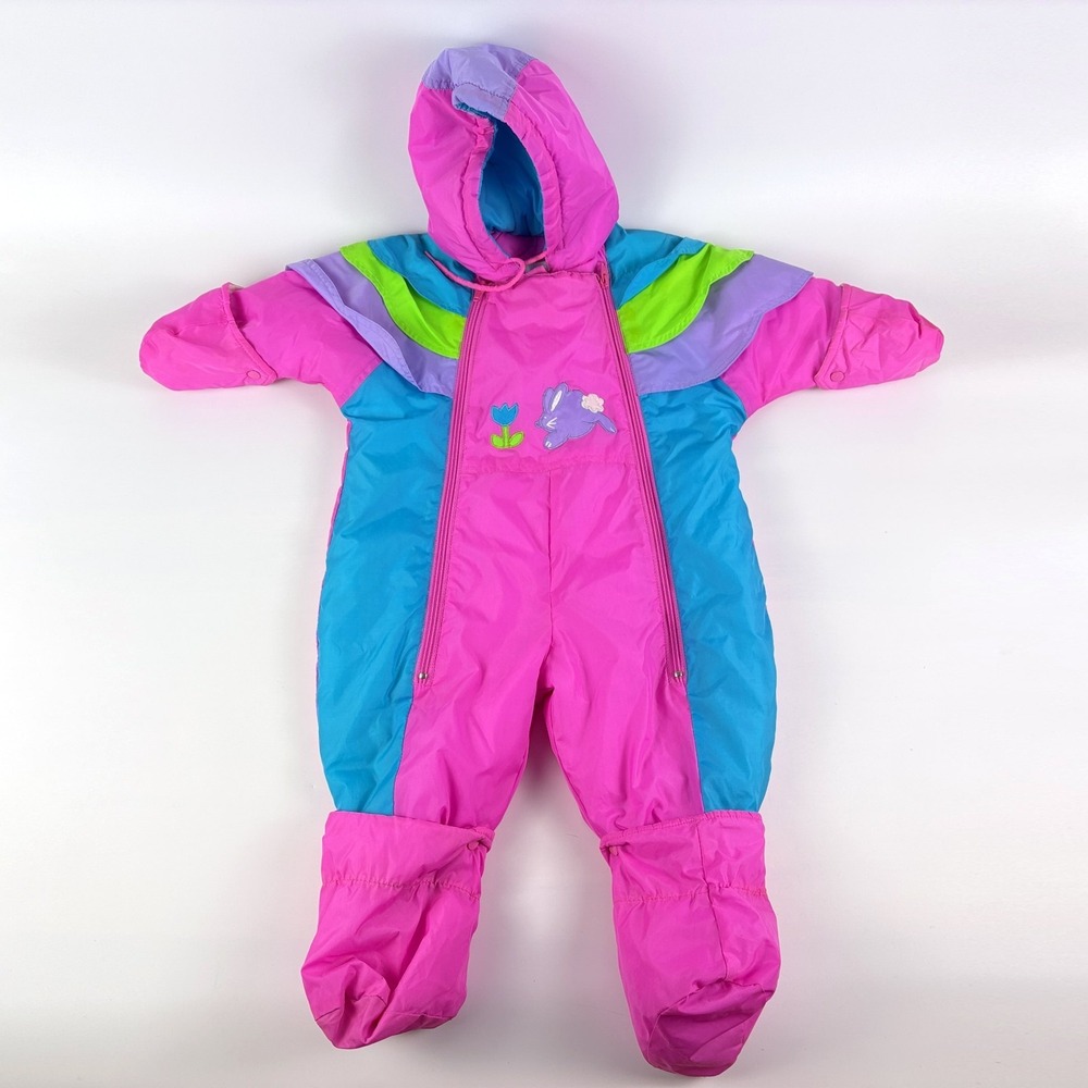 VTG 80s Little by Little Nylon Snowsuit Infant Girls 12M Purple‎ Pink Turquoise